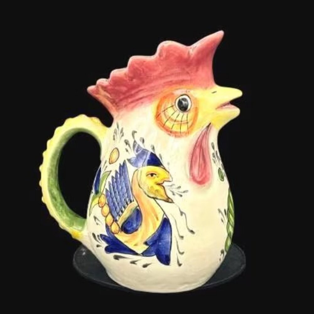 Vintage Nazari Portugal Hand Painted Raised Relief Rooster Pitcher 10"